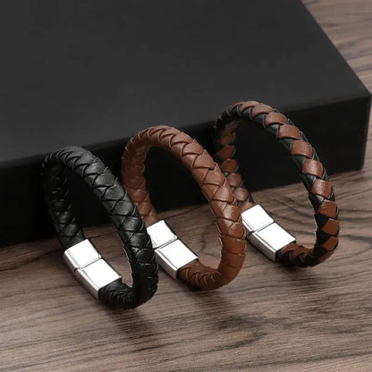 Classic Black Braided Leather Bracelet for Men Fashion Punk Leather Bracelet Magnetic Buckle Bangles Jewelry Gift 19/21/23cm