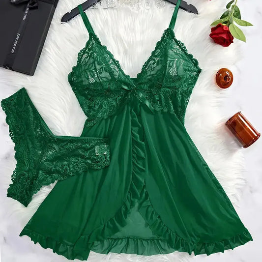 2-Piece Lace Nightgown Set – Green Transparent Nightdress with Bra & Panty