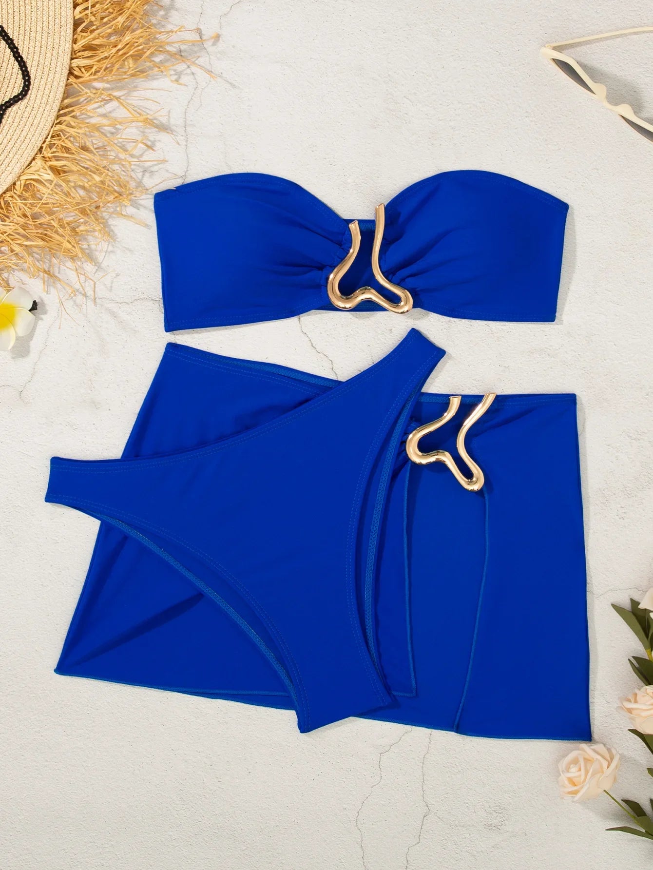 Solid Strapless Bikini 3 Piece Set Women Metal Split Swimsuit High Waist Beach Skirt New Summer Swimwear Bikini Set
