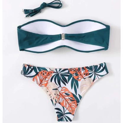 Teal bandeau top and tropical leaf patterned bikini bottom 