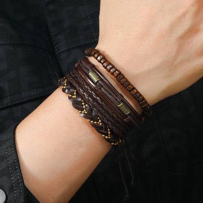 6/4PCS PU Leather Braided Bracelet for Men with Wood Beads - Vintage Fashion Armband