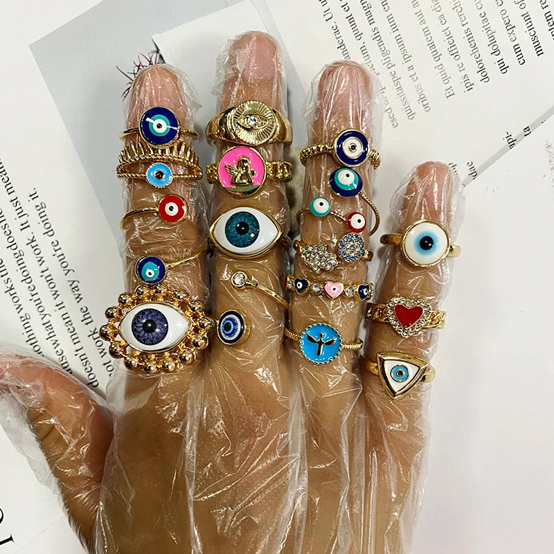 Bohemian Ethnic Metal Enamel Evil Eye Ring For Women - Vintage Punk Zircon Heart Blue Eye Finger Ring