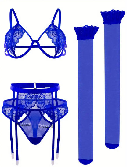 Women's Lace Garter Lingerie Set with Choker - Sexy Underwire Bra & Thong