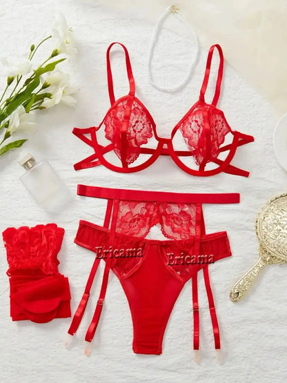Women's Lace Garter Lingerie Set with Choker - Sexy Underwire Bra & Thong