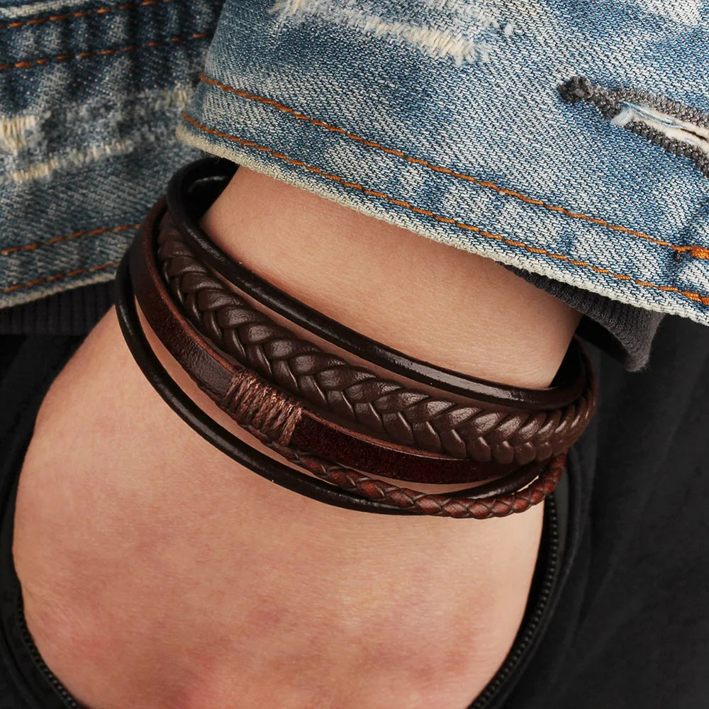 Trendy Leather Bracelets for Men – Stainless Steel Multilayer Braided Rope Jewelry