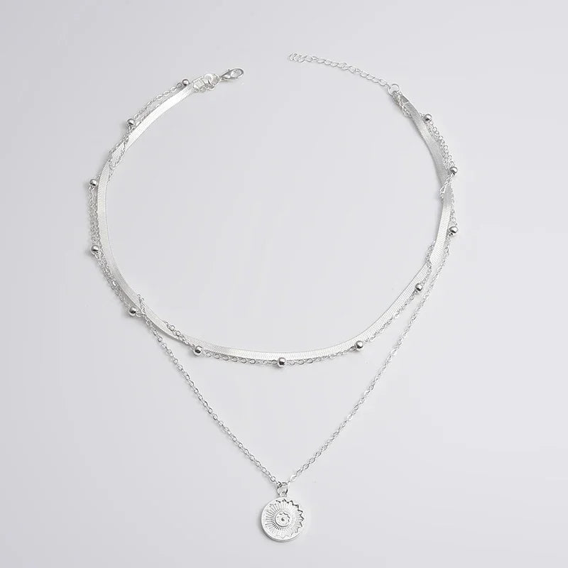 925 Sterling Silver Three-Layer Necklace - Snake & Ball Chain, 40+5cm