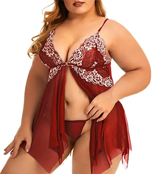 Plus Size Lace Babydoll Chemise Nightgown Set - Flattering V-Neck Lingerie
