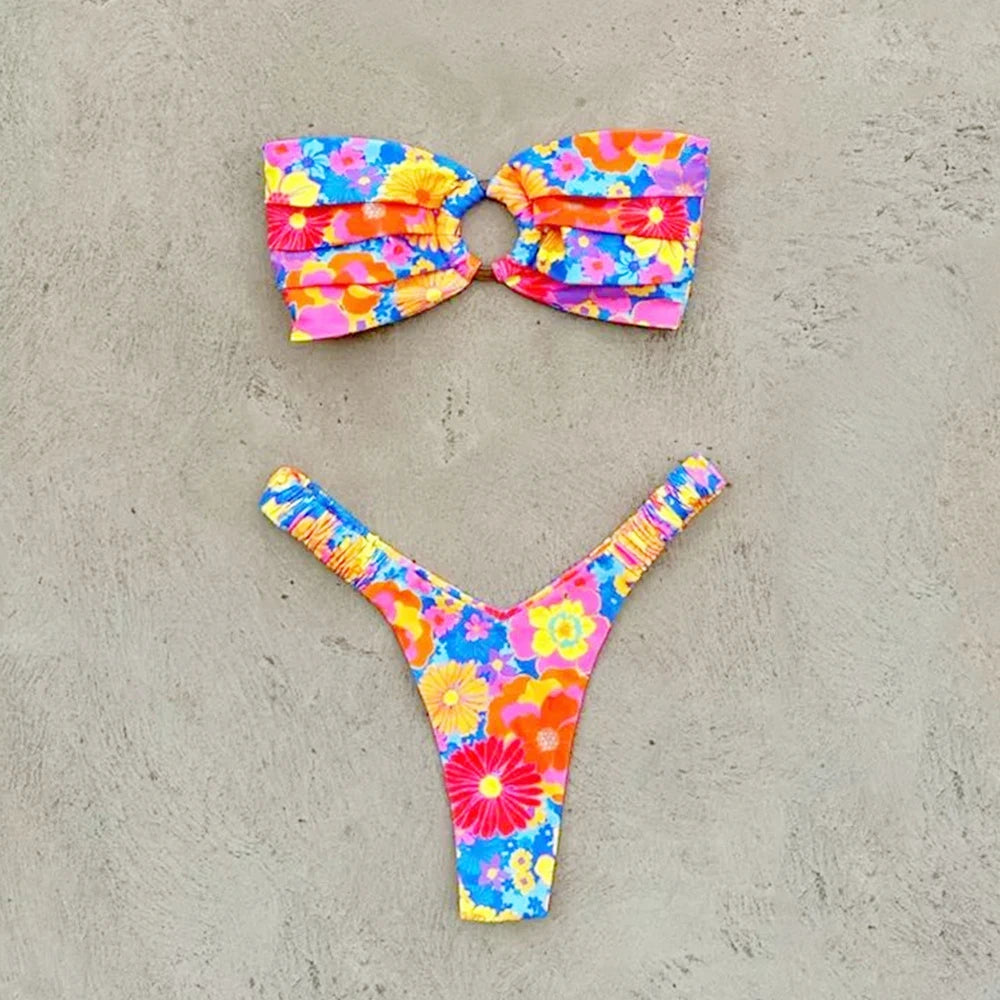 Printed Push-Up Bandeau Bikini Set – Brazilian Thong Swimwear