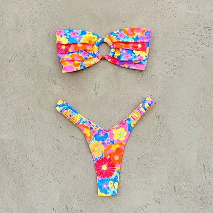 Printed Push-Up Bandeau Bikini Set – Brazilian Thong Swimwear