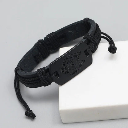 Men's Braided Leather Wolf Head Bracelet with Adjustable Wristband