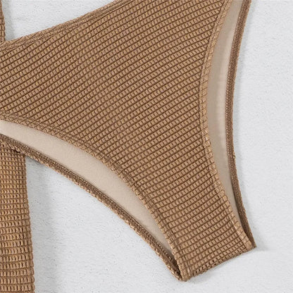 Brown Color Strapless 3-Piece Bikini Set with Metal Buckle & Cover-Up for Women