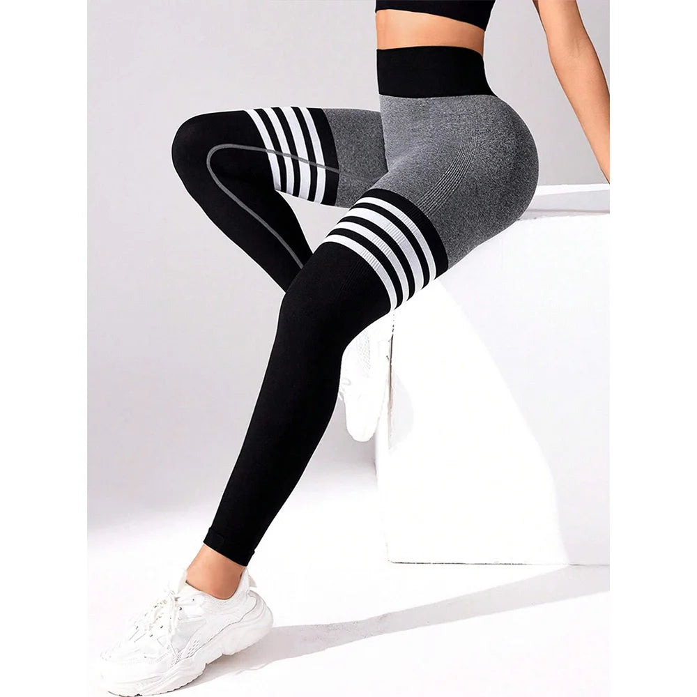 High Waist and Tummy Control Women Seamless Stripe Yoga Leggings