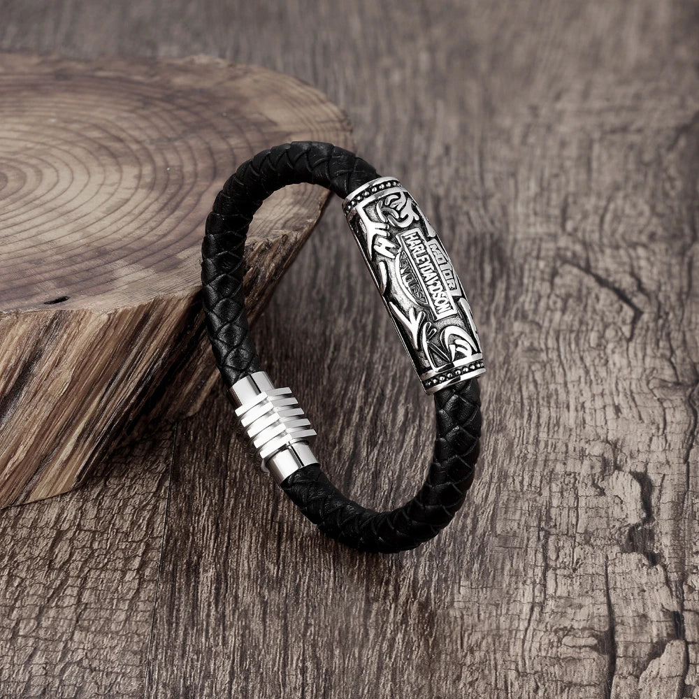 Viking Leather Bracelet for Men - Stainless Steel Bead Woven Jewelry