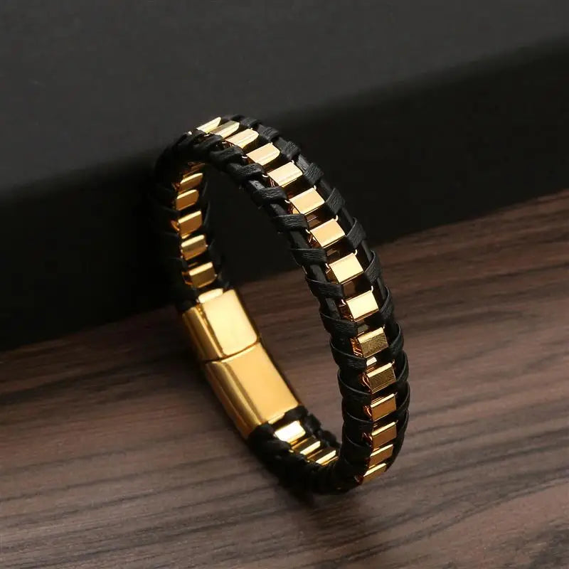 Jiayiqi Punk Men Jewelry Black/Brown Braided Leather Bracelet Stainless Steel Magnetic Clasp Fashion Bangles Gift 18.5/22/20.5cm