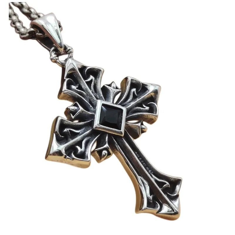 BOCAI S925 Sterling Silver Pendants for Men Women New Men's Fashion Simple Black Zircon Cross Argentum Amulet Punk Jewelry