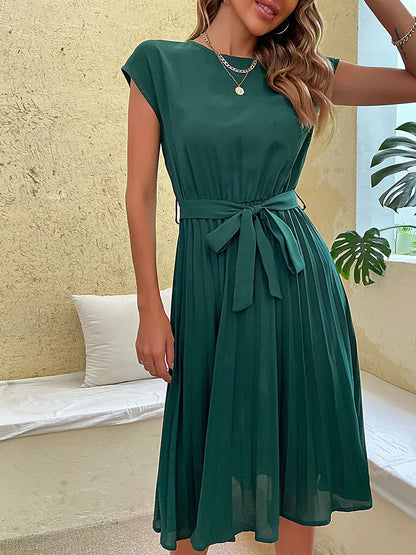 Elegant Women's Summer Casual Beach Short Sleeve Pleated Midi Dress