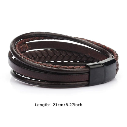 Trendy Leather Bracelets for Men – Stainless Steel Multilayer Braided Rope Jewelry