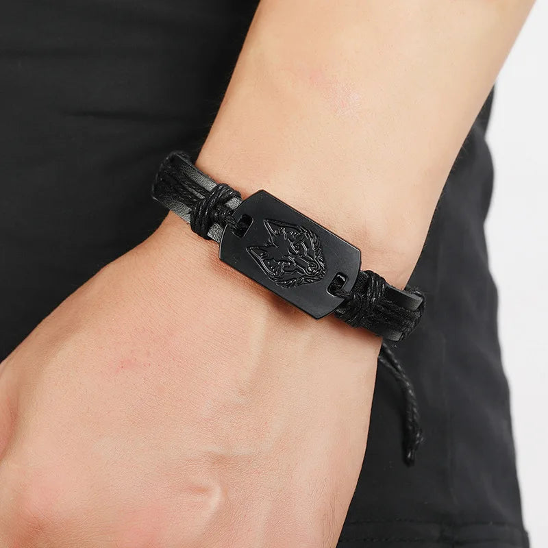 Men's Braided Leather Wolf Head Bracelet with Adjustable Wristband