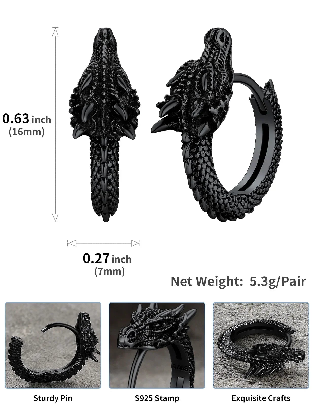 U7 925 Sterling Silver 3D Dragon Snake Cobra Hoop Earring Huggie Antique Silver Animal Gothic Punk Unisex Jewelry QC24