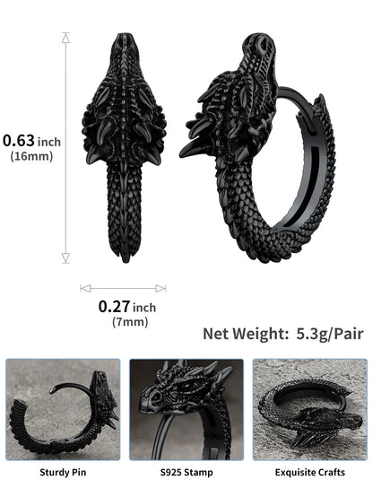 U7 925 Sterling Silver 3D Dragon Snake Cobra Hoop Earring Huggie Antique Silver Animal Gothic Punk Unisex Jewelry QC24