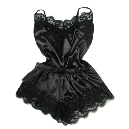 Fashion Nightwear Lace Trim Satin Cami Top Pajama Set