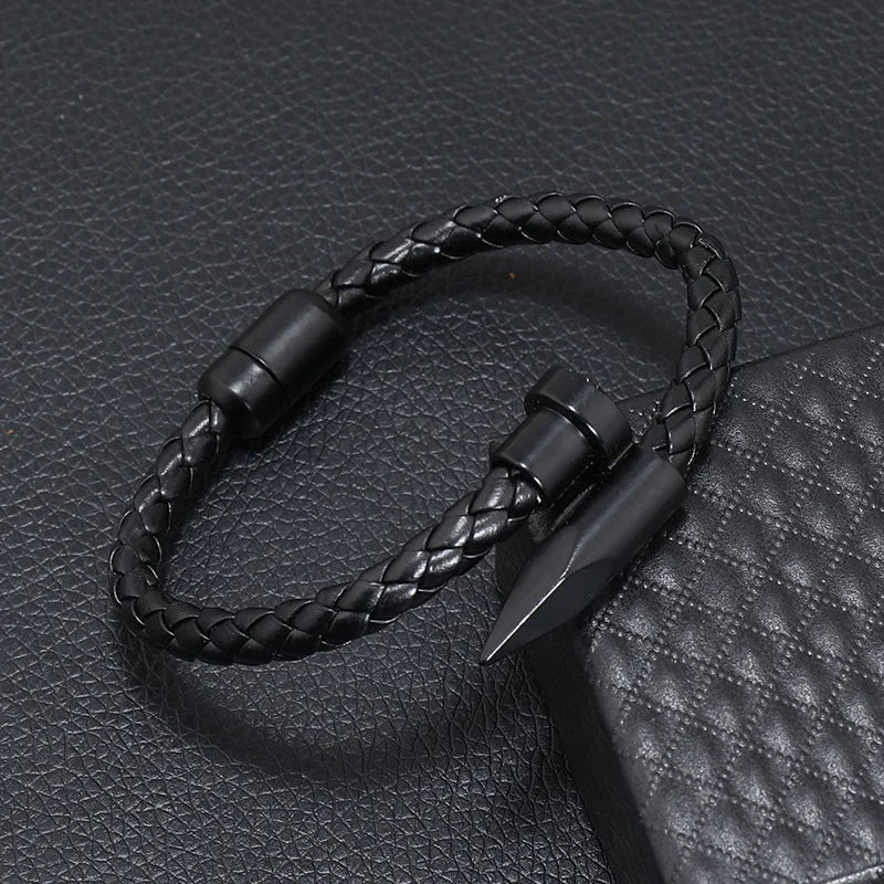 Nail Bullet Bracelet Alloy Magnet Buckle Men's Leather Rope Braided Bangle Handmade Bracelet