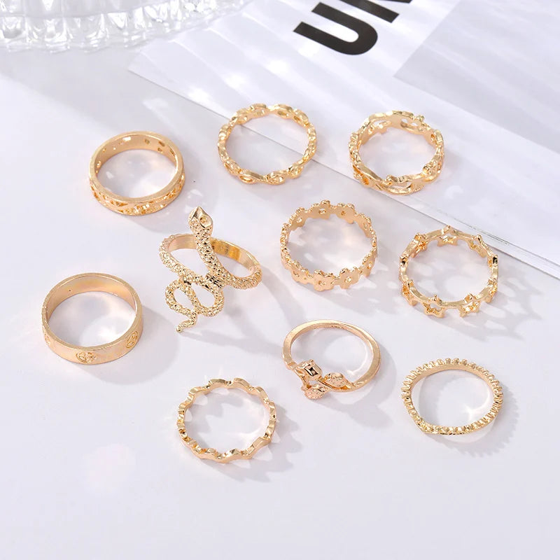 10pcs Punk Gold Color Chain Finger Rings Set For Women