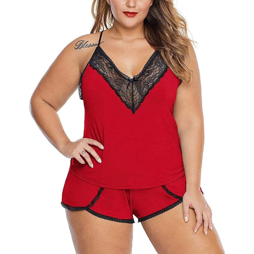 Plus Size Lace Lingerie Set - Alluring Camisole Top & Shorts