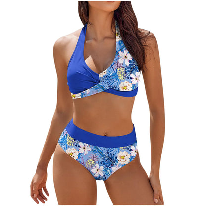 Bikini Beach Colour Block Floral Printed Women's High Waist Two-Piece Swimsuit