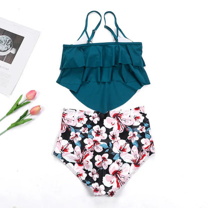 Swimwear Ruffles Women’s Two-Piece Set – High Waist Bikini with Printed Beachwear & Push-Up Tankini