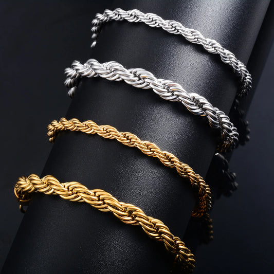 Men's Stainless Steel Rope Chain Bracelet - Gold & Silver Jewelry