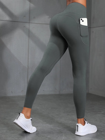 Solid Color Women’s High Waist Gym Leggings with Pockets