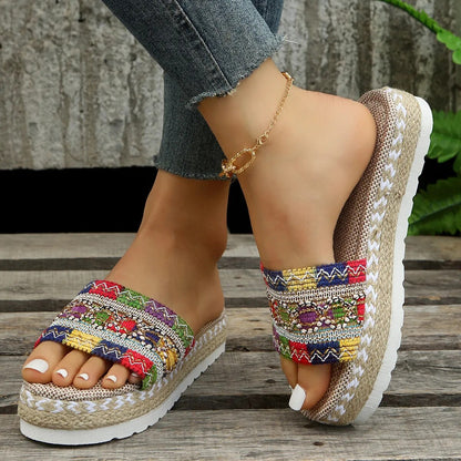 Beach Casual Heeled Sandals Bohemian Handmade Summer Shoes for Women - BossDeals Online