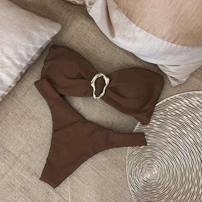 Push-Up Bandeau Bikini Set – Solid Brazilian Thong Swimwear