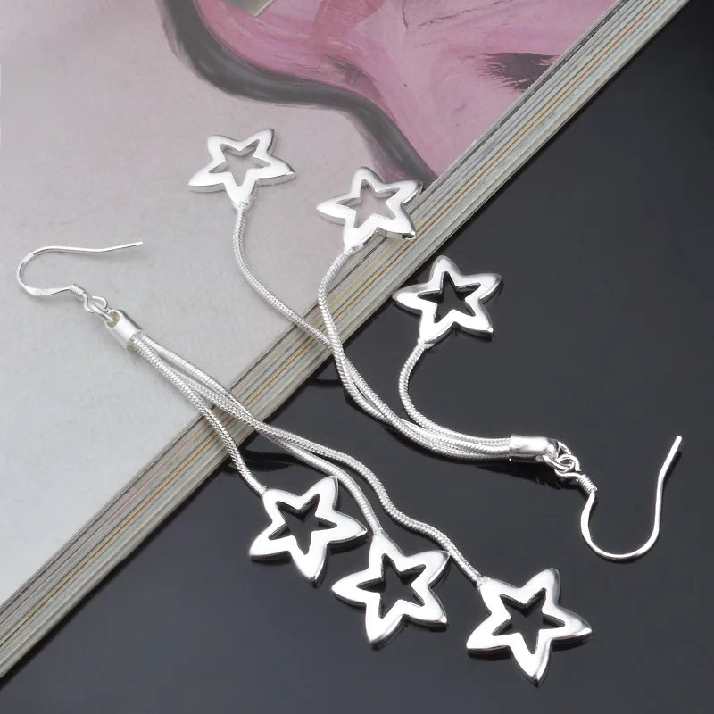 High quality noble 925 Sterling Silver Tassel hanging stars Earrings for woman fashion wedding party Jewelry Christmas Gift