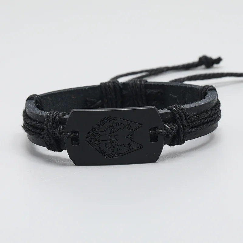 Men's Braided Leather Wolf Head Bracelet with Adjustable Wristband