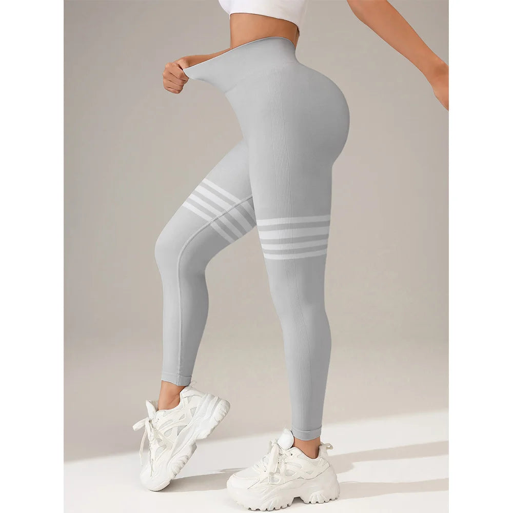 High Waist and Tummy Control Women Seamless Stripe Yoga Leggings