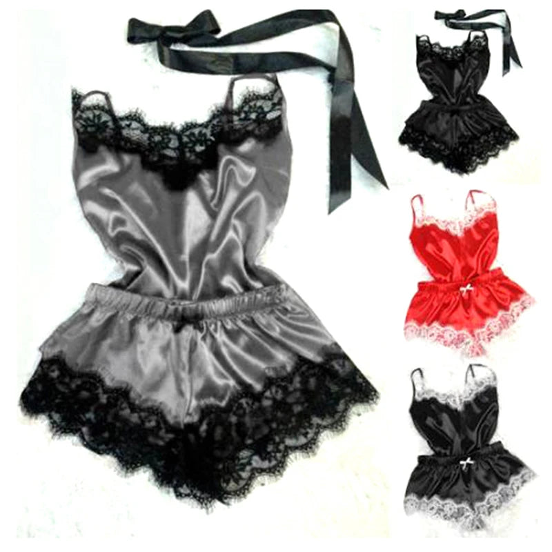 Fashion Nightwear Lace Trim Satin Cami Top Pajama Set