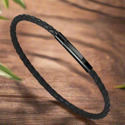 2mm 3mm Black Wrap Leather Braided Bracelet for Men, Steel Wire & Chain Link Bangles