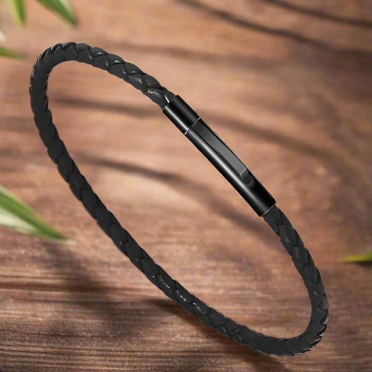 2mm 3mm Black Wrap Leather Braided Bracelet for Men, Steel Wire & Chain Link Bangles