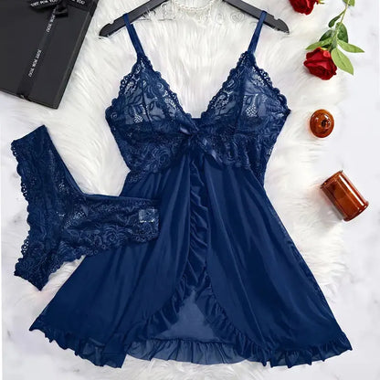 Ultra Sexy Tulle Nightgown Set – V-Neck Sheer Lingerie with Bra & Skirt