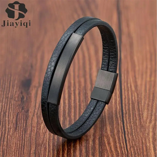 Simple Style Men's Black Genuine Leather Bracelet with Stainless Steel Insert – Double-Layer Braid Bangle for Men