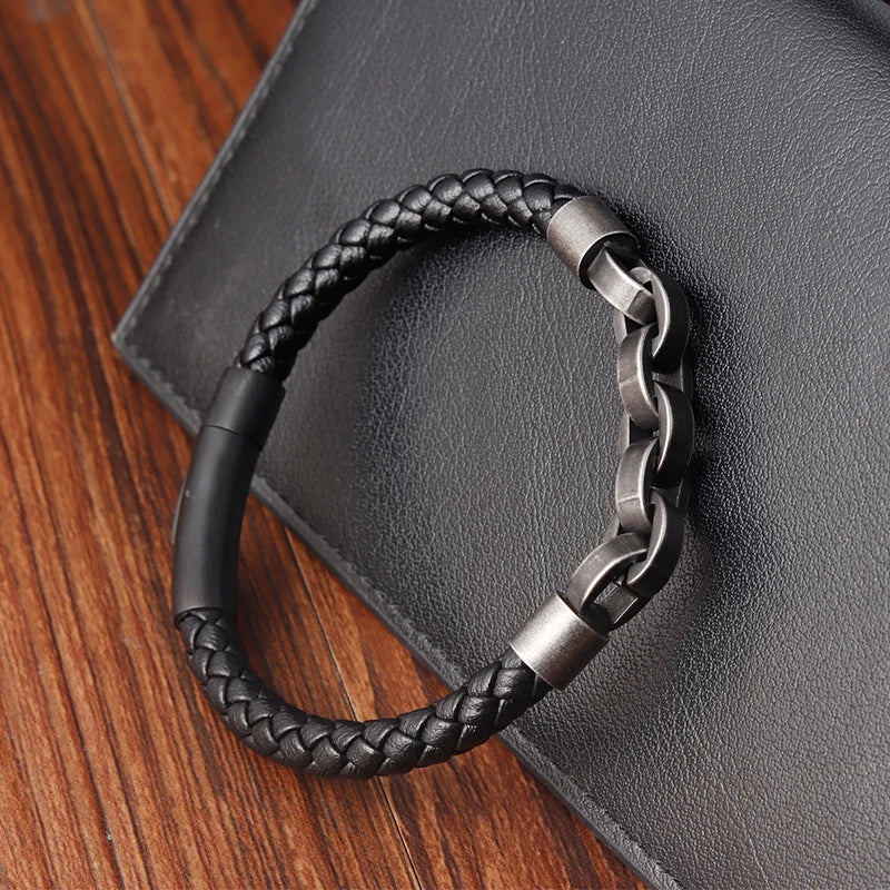 Leather Bracelet with Infinity Shape for Men - Stainless Steel Charm Accessory