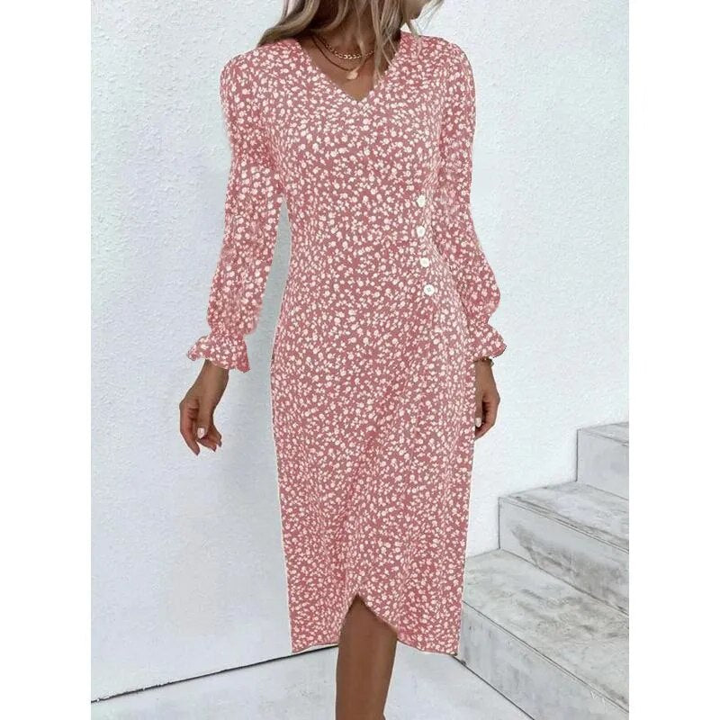 Elegant Floral Pleated H-shaped Midi Dress V Neck Summer Dresses for Women