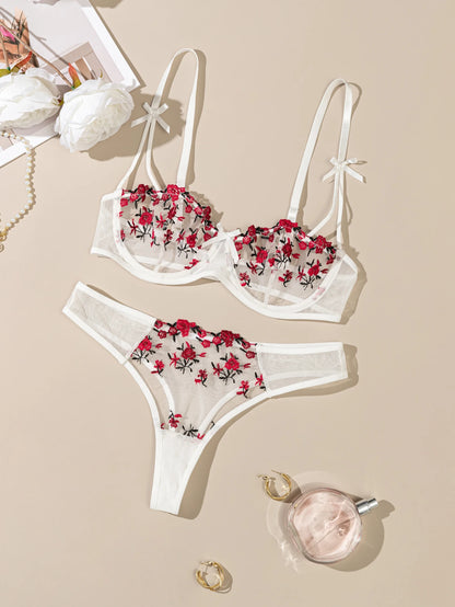 Night Beautiful Floral Embroidery Sexy Women's Lingerie Set