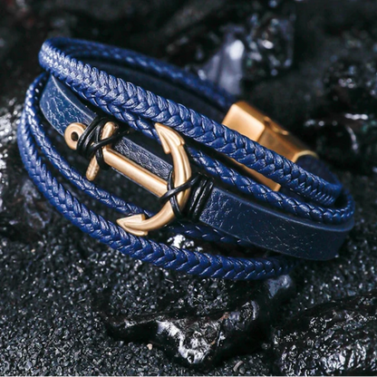 Stainless Steel with Leather Men's Anchor Bracelet