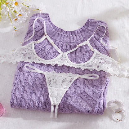 Sexy Lace Lingerie Set for Women – See-Through Bra and Panty in Solid Color Mesh