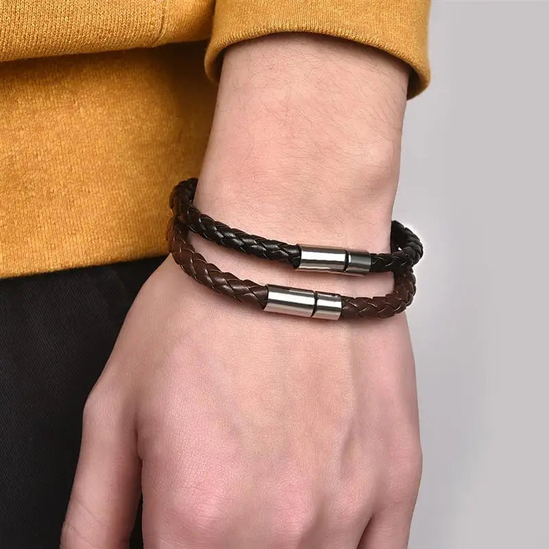 Classic Single Layer Leather Bracelet - Simple Braided Black & Brown Unisex Jewelry