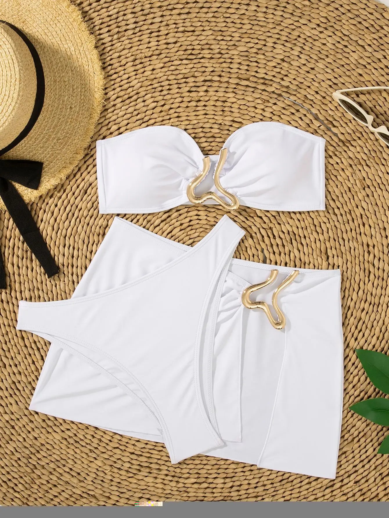 Solid Strapless Bikini 3 Piece Set Women Metal Split Swimsuit High Waist Beach Skirt New Summer Swimwear Bikini Set