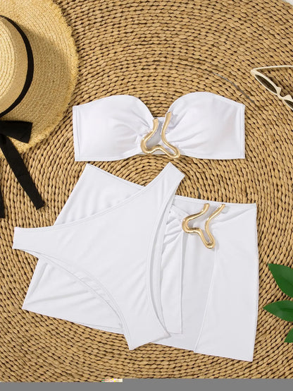 Solid Strapless Bikini 3 Piece Set Women Metal Split Swimsuit High Waist Beach Skirt New Summer Swimwear Bikini Set